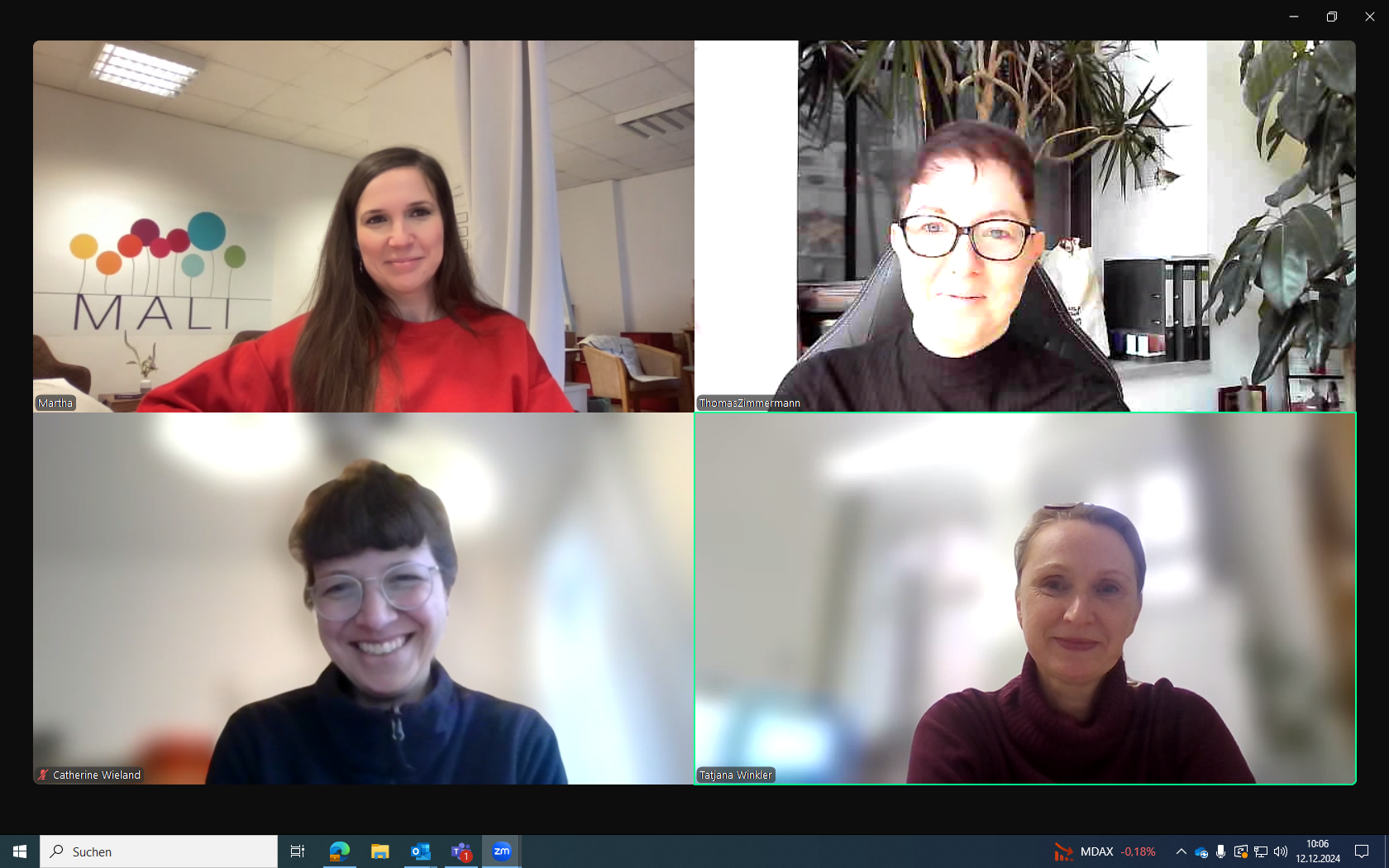Online-Auftaktmeeting von FamWork mit Martha Kuaffmann (Mali gGmbh), Catherine Wieland (SHIA e. V.), Tatjana Winkler (Bezirksamt Pankow), Daniela Baum (Plan B gGmbH)