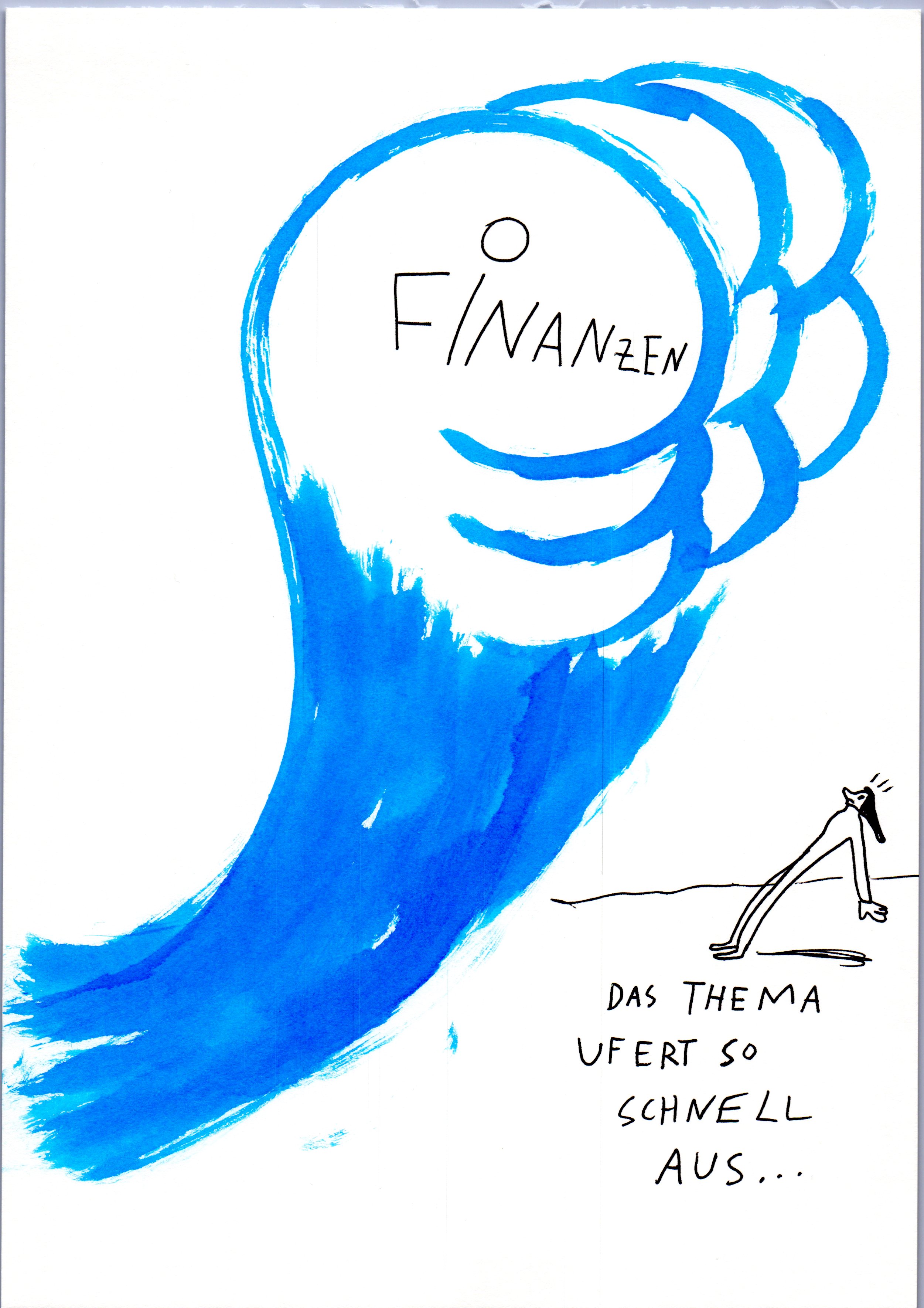 Illustration einer großen blauen Hand zum Thema Finanzen. Eine kleine Person steht daneben; der Text beschreibt das Thema als überfordernd und abschreckend
