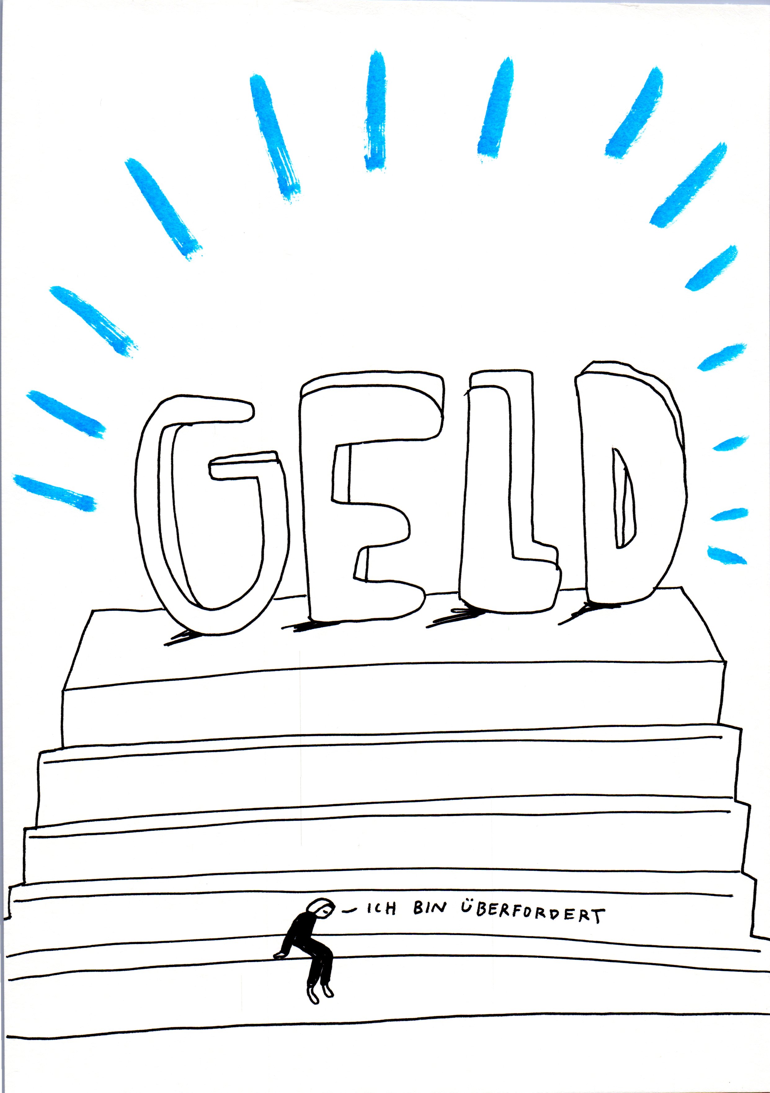 lustration zum Thema Geld: Eine kleine Person sitzt überfordert vor einer großen Treppe, auf der das Wort ‚Geld‘ steht.