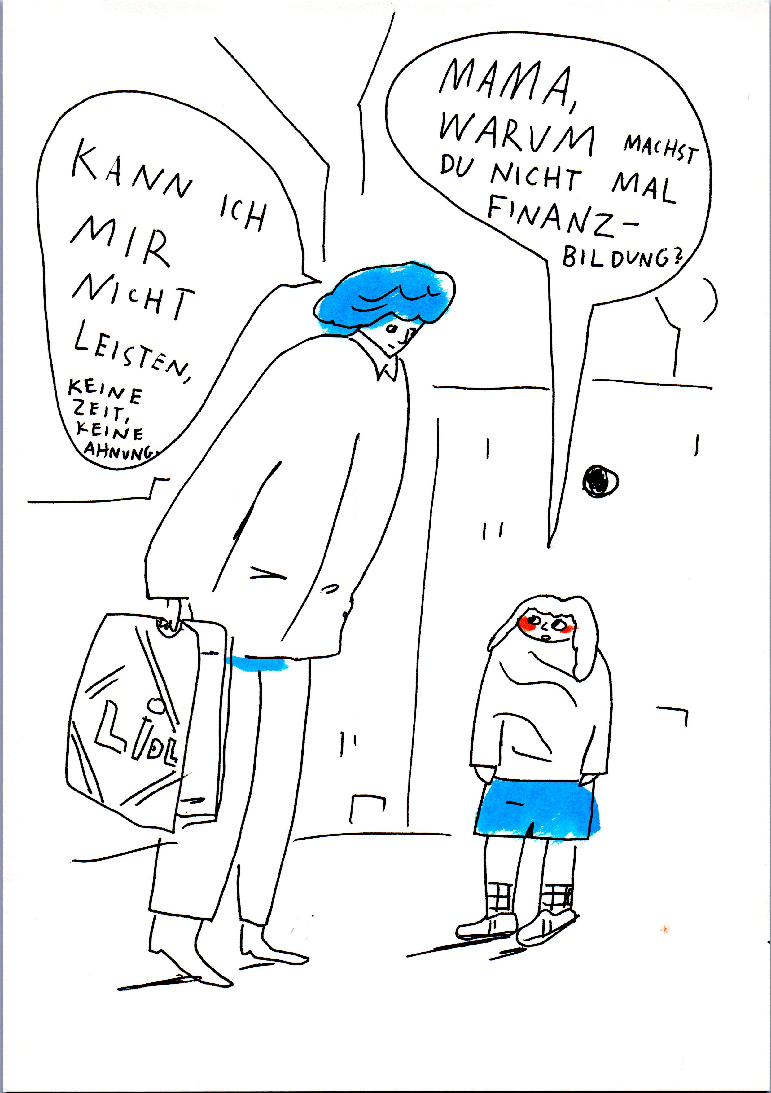 Illustration einer Mutter mit Einkaufstasche und ihrem Kind. Die Sprechblasen thematisieren fehlende Zeit, finanzielle Belastung und den Wunsch nach Finanzbildung