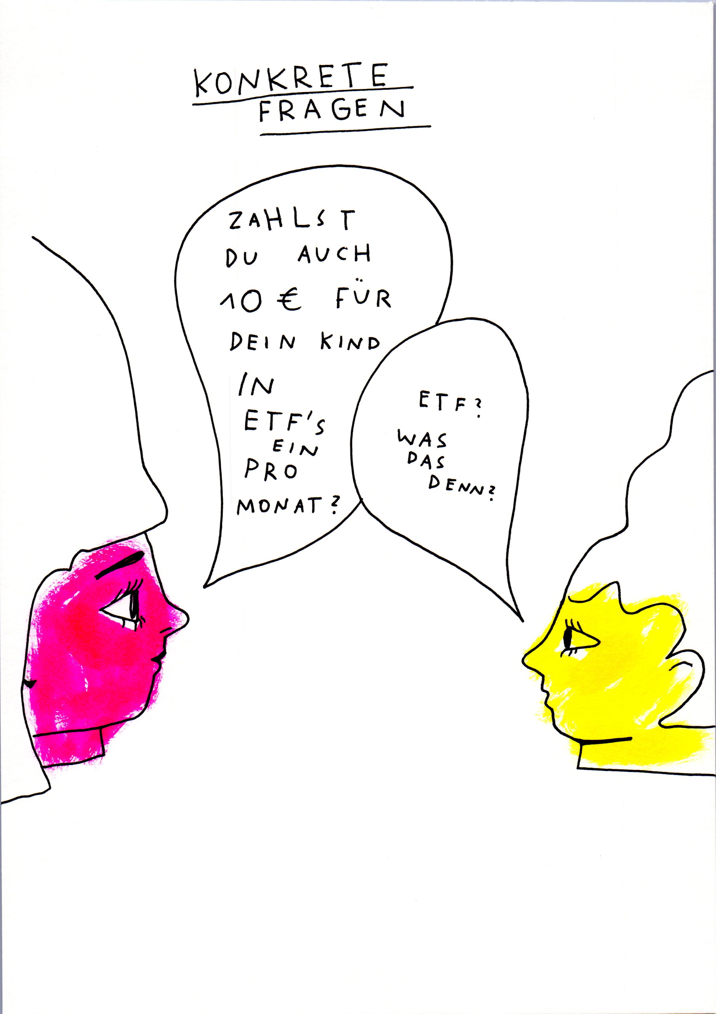 Illustration von zwei Frauen* im Gespräch über konkrete Finanzfragen, unter anderem zu ETFs und monatlichen Sparbeträgen