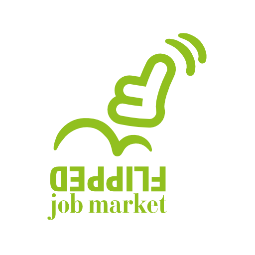 Logo von Flipped Job Market. ein auf dem Kopf stehendes F mit dem Schriftzug Flipped Job Market, dabei steht das Wort Flipped auch auf dem Kopf